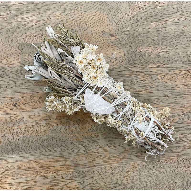 Rosemary & Sage Floral Smudge Wand with Quartz Crystal
